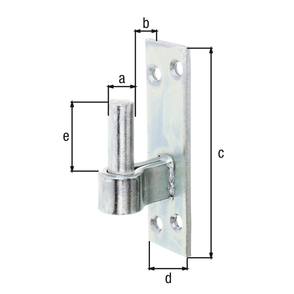 Kloben auf Platte, DII-Haken, Süddeutsche Form, mit versenkten Schraublöchern, Material: Stahl roh, Oberfläche: galvanisch verzinkt, Dickschichtschutz, Dornmaß-Ø: 16 mm, Abstand Dorn - Platte: 28 mm, Plattenhöhe: 133 mm, Plattenbreite: 40 mm, Länge Dorn: 45 mm, Materialstärke: 5,00 mm, Anzahl Löcher: 4, Loch: Ø8,5 mm