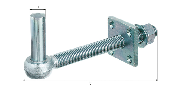 Gond poteau, avec trous de vis fraisés, Matériau: Acier brut, Finition: galvanisée bichromatée, Distance axe-Ø: 16 mm, Longueur: 180 mm, Longueur du mandrin: 45 mm, Épaisseur de la plaque carrée: 6 mm, Nombre de trous: 4, Trou: Ø6,5 mm