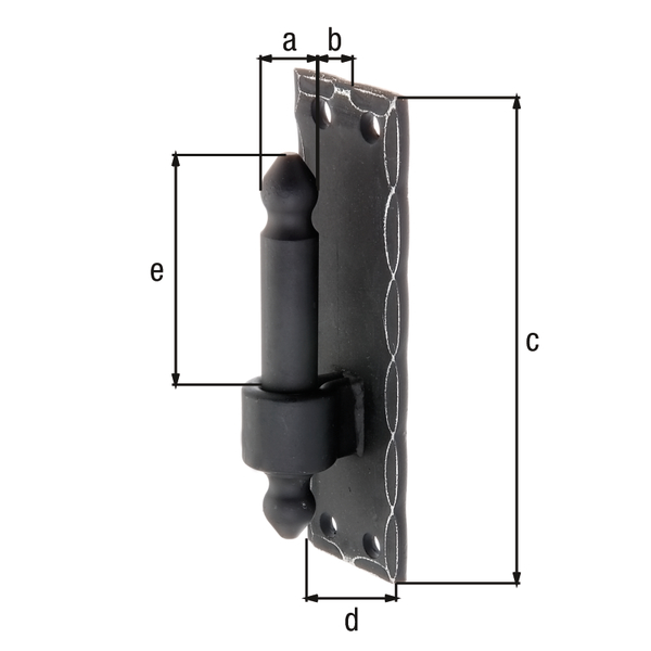 Cardine su piastra DI, ferro battuto, Materiale: acciaio grezzo, superficie: zincata, plastificata nera, Entrata-Ø: 16 mm, Distanza spina-piastra: 10 mm, Altezza piastra: 150 mm, Larghezza piastra: 45 mm, Lunghezza spina: 45 mm, Modello: martellato, Spessore del materiale: 5,00 mm, Numero di fori: 4, Foro: Ø8,5 mm