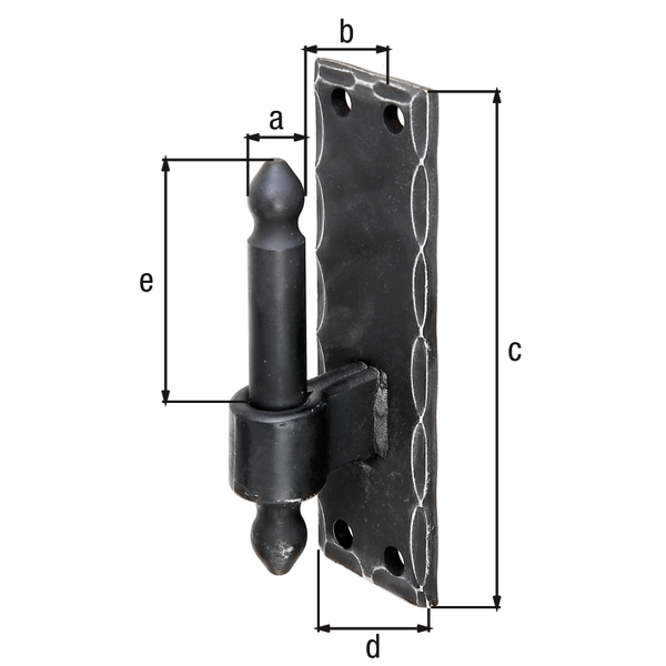 Hook on plate, DII, wrought iron, Material: raw steel, Surface: galvanised, black powder-coated, Size back set-Ø: 16 mm, Distance pin - plate: 25 mm, Plate height: 150 mm, Plate width: 45 mm, Length of pin: 45 mm, Type: hammered, Material thickness: 5.00 mm, No. of holes: 4, Hole: Ø8.5 mm