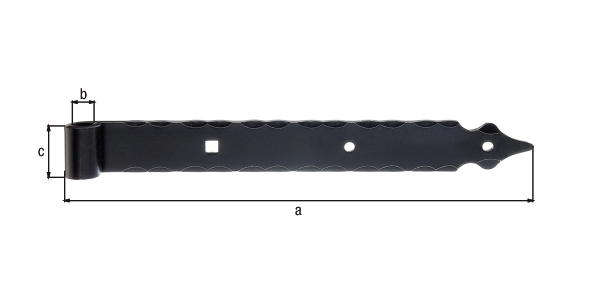 Band hook, straight, with decorative final, Material: raw steel, Surface: galvanised, black powder-coated, Length: 400 mm, Roller dia.: 16 mm, Width: 45 mm, Type: hammered, Material thickness: 6.00 mm, No. of holes: 2 / 1, Hole: Ø9 / 11 x 11 mm