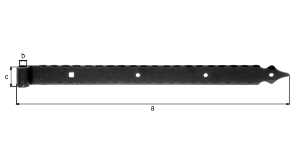 Ladenband, gerade, mit Zierspitze, Material: Stahl roh, Oberfläche: verzinkt, schwarz kunststoffbeschichtet, Länge: 600 mm, Rollen-Ø: 16 mm, Breite: 45 mm, Ausführung: gehämmert, Materialstärke: 6,00 mm, Anzahl Löcher: 3 / 1, Loch: Ø9 / 11 x 11 mm