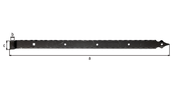 Band hook, straight, with decorative final, Material: raw steel, Surface: galvanised, black powder-coated, Length: 820 mm, Roller dia.: 16 mm, Width: 45 mm, Type: hammered, Material thickness: 6.00 mm, No. of holes: 4 / 1, Hole: Ø9 / 11 x 11 mm