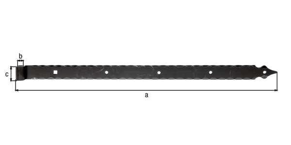 Ladenband, gerade, mit Zierspitze, Material: Stahl roh, Oberfläche: verzinkt, schwarz kunststoffbeschichtet, Länge: 820 mm, Rollen-Ø: 16 mm, Breite: 45 mm, Ausführung: gehämmert, Materialstärke: 6,00 mm, Anzahl Löcher: 4 / 1, Loch: Ø9 / 11 x 11 mm