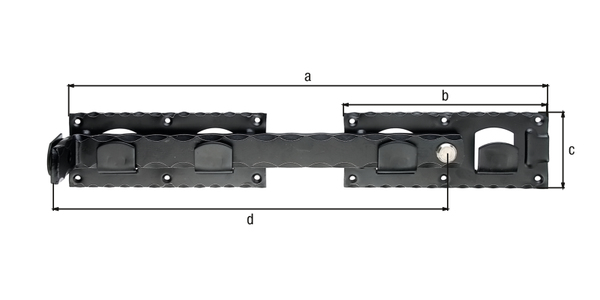 Double gate hasp, wrought iron, with countersunk screw holes, Material: raw steel, Surface: galvanised, black powder-coated, Total length: 423 mm, Plate length: 180 mm, Plate width: 70 mm, Length of hasp: 333 mm, Type: hammered, No. of holes: 12, Hole: Ø5 mm