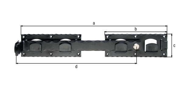 Fermeture pour portail double en fer forgé, avec trous de vis fraisés, Matériau: Acier brut, Finition: zinguée, plastifiée noire, Longueur totale: 423 mm, Longueur de platine: 180 mm, Largeur de platine: 70 mm, Longueur de la couverture: 333 mm, Version: martelée, Nombre de trous: 12, Trou: Ø5 mm