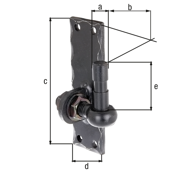 Hook for screwing on, wrought iron, Material: raw steel, Surface: black powder-coated, Size back set-Ø: 16 mm, Distance pin - plate: 13.5 mm, Plate height: 150 mm, Plate width: 45 mm, Length of pin: 45 mm, Type: hammered, can be adjusted by: 20 mm, Material thickness: 6.00 mm, No. of holes: 4, Hole: Ø8.5 mm