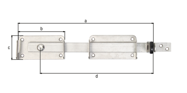 Cierre para pórtico doble, Material: Acero inoxidable, granallado adicionalmente, Longitud total: 327 mm, Longitud de la pletina: 118 mm, Anchura de la pletina: 52 mm, Longitud del cierre: 268 mm, Número de agujeros: 8, Perforación: Ø5,5 mm