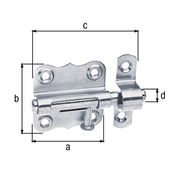 Chiavistello con asta tonda girevole, senza molla, con fori per viti incassate, Materiale: acciaio inox, con guida asta fissata, Lunghezza piastra: 39 mm, Larghezza piastra: 38 mm, Perno: 8 mm, Larghezza guida asta: 10 mm, Lunghezza guida asta: 37 mm, lunghezza totale: 61 mm, Numero di fori: 6, Foro: Ø4,4 mm