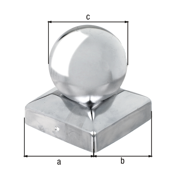 Capuchon de poteau pour poteaux en bois carré, avec boule, avec trous de vis fraisés, Matériau: Acier inoxydable, Longueur: 90 mm, Largeur: 90 mm, 80 mm