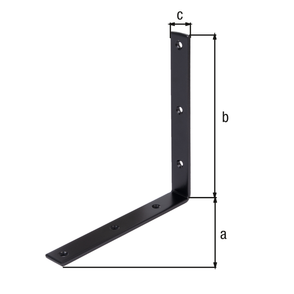 Joist hanger angle bracket, narrow, equal sided, with countersunk screw holes, Material: raw steel, Surface: galvanised, black powder-coated, Depth: 200 mm, Height: 200 mm, Width: 26 mm, Material thickness: 5.00 mm, No. of holes: 6, Hole: Ø6 mm, 15-year warranty against rusting through