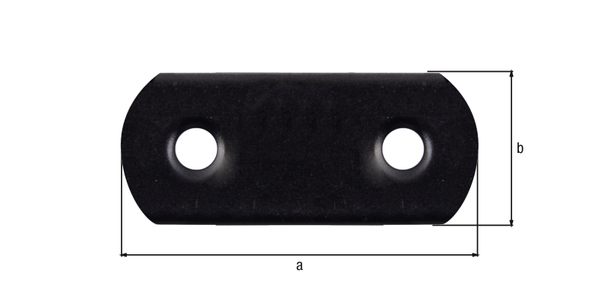 Flat connector rounded ends, with countersunk screw holes, Material: raw steel, Surface: galvanised, black powder-coated, Width: 16 mm, Length: 37 mm, Material thickness: 1.50 mm, No. of holes: 2, Hole: Ø4.5 mm, 15-year warranty against rusting through, CutCase