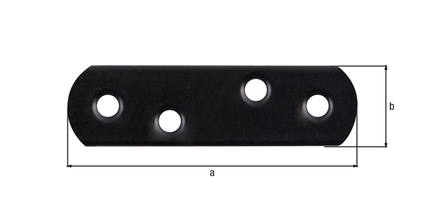 Flat connector rounded ends, with countersunk screw holes, Material: raw steel, Surface: galvanised, black powder-coated, Width: 16 mm, Length: 57 mm, Material thickness: 1.50 mm, No. of holes: 4, Hole: Ø4 mm, 15-year warranty against rusting through, CutCase