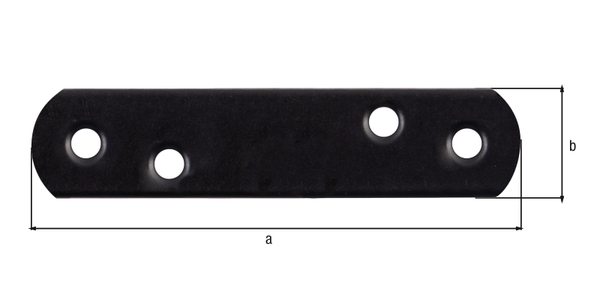 Flat connector rounded ends, with countersunk screw holes, Material: raw steel, Surface: galvanised, black powder-coated, Width: 19 mm, Length: 77 mm, Material thickness: 2.00 mm, No. of holes: 4, Hole: Ø4.5 mm, 15-year warranty against rusting through, CutCase