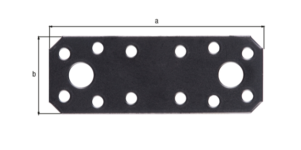 Flat connector, Material: raw steel, Surface: galvanised, black powder-coated, with CE marking in accordance with DIN EN 14545, Length: 96 mm, Width: 35 mm, Material thickness: 2.50 mm, No. of holes: 2 / 12, Hole: Ø11 / Ø5 mm, 15-year warranty against rusting through, CutCase