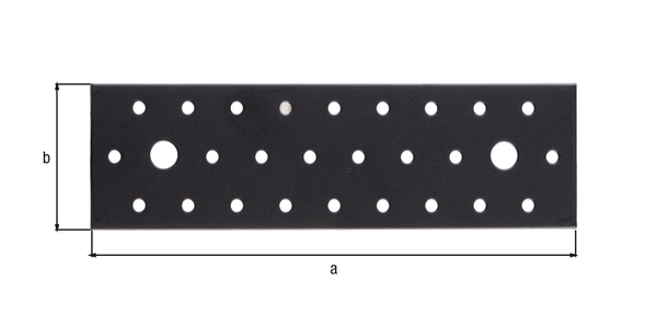 Pletina perforada de ensamblaje, Material: Acero crudo, Superficie: galvanizado, recubrimiento plástico negro, con distintivo conforme a EN 14545, Longitud: 200 mm, Anchura: 60 mm, Espesura del material: 2,00 mm, Número de agujeros: 2 / 26, Perforación: Ø11 / Ø5 mm, 15 años de garantía contra la corrosión, CutCase