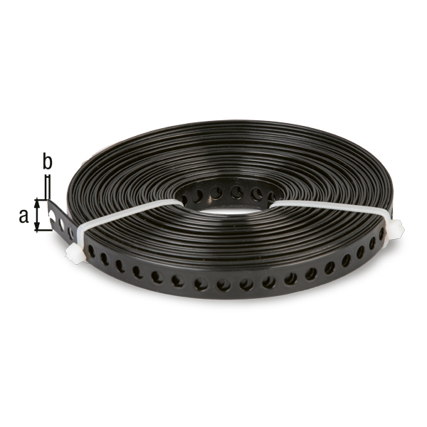 Nastro forato, Materiale: acciaio grezzo, superficie: zincata, plastificata nera, larghezza: 12 mm, distanza centro - centro foro: 8 mm, Lunghezza: 10 m, Spessore del materiale: 0,80 mm, 15 anni di garanzia contro la formazione di ruggine