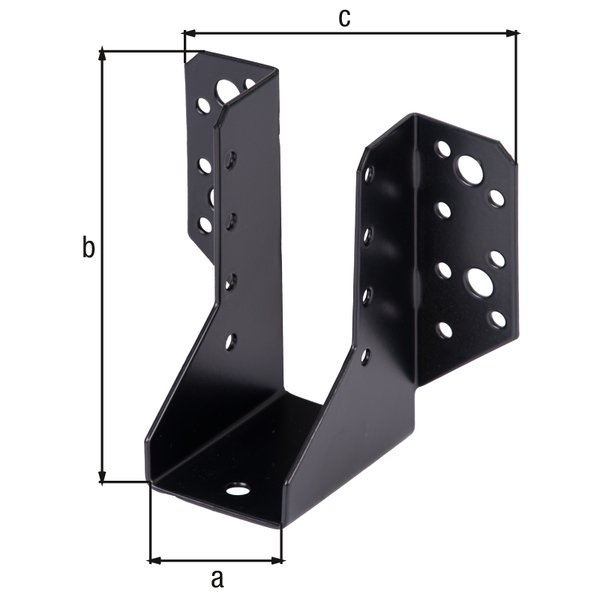 Staffa per travi, tipo A, Materiale: acciaio grezzo, superficie: zincata, plastificata nera, con marcatura CE ai sensi della ETA-08/0171, larghezza netta: 45 mm, altezza: 110 mm, larghezza totale: 115 mm, Spessore del materiale: 2,00 mm, Numero di fori: 4 / 22, Foro: Ø9 / Ø5 mm, 15 anni di garanzia contro la formazione di ruggine, CutCase