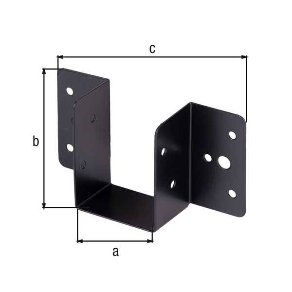 Staffa per travi con estremità arrotondate, leggera, Materiale: acciaio grezzo, superficie: zincata, plastificata nera, larghezza netta: 46 mm, altezza: 66 mm, larghezza totale: 120 mm, Spessore del materiale: 1,00 mm, Numero di fori: 2 / 10, Foro: Ø6,5 / Ø4 mm, 15 anni di garanzia contro la formazione di ruggine