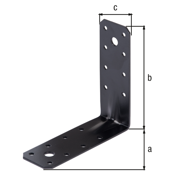 Heavy-duty angle bracket, reinforced, Material: raw steel, Surface: galvanised, black powder-coated, Depth: 125 mm, Height: 125 mm, Width: 45 mm, Material thickness: 2.50 mm, No. of holes: 1 / 1 / 6 / 10, Hole: 10 x 20 / Ø10 / Ø6.5 / Ø4.5 mm, 15-year warranty against rusting through