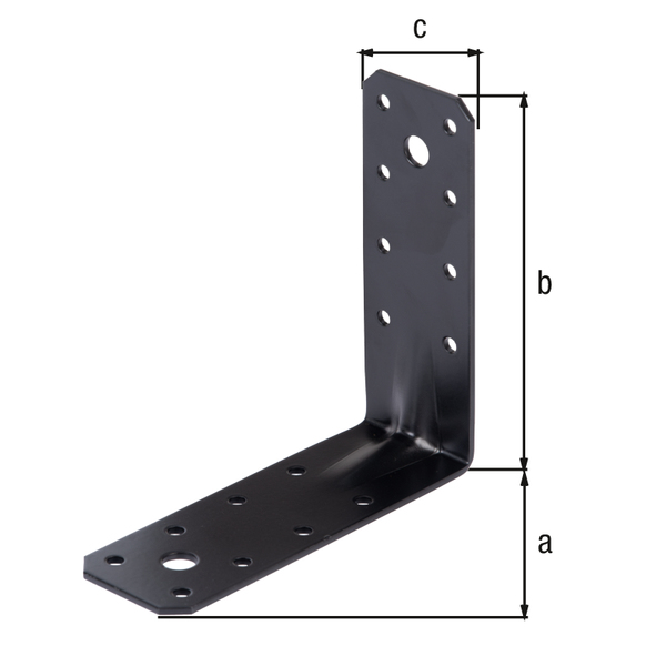 Squadretta di giunzione angolare con nervatura di rinforzo, Materiale: acciaio grezzo, superficie: zincata, plastificata nera, Profondità: 125 mm, altezza: 125 mm, larghezza: 45 mm, Spessore del materiale: 2,50 mm, Numero di fori: 1 / 1 / 6 / 10, Foro: 10 x 20 / Ø10 / Ø6,5 / Ø4,5 mm, 15 anni di garanzia contro la formazione di ruggine