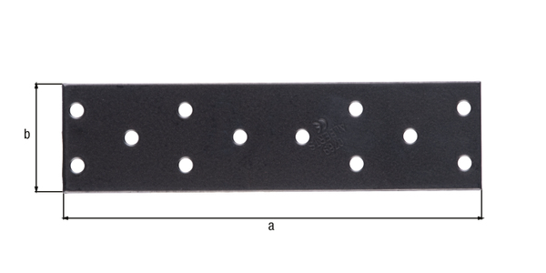 Perforated plate, Material: raw steel, Surface: galvanised, black powder-coated, with CE marking in accordance with DIN EN 14545, Length: 155 mm, Width: 40 mm, Material thickness: 2.00 mm, No. of holes: 12, Hole: Ø5 mm, 15-year warranty against rusting through, CutCase