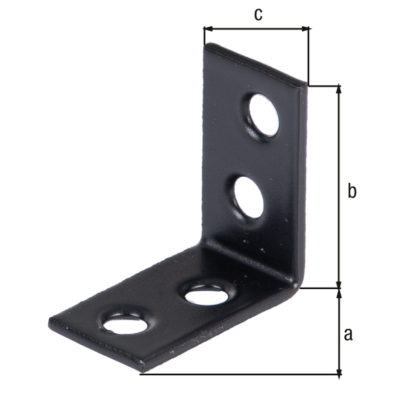 Corner brace, with countersunk screw holes on both sides, Material: raw steel, Surface: galvanised, black powder-coated, Depth: 25 mm, Height: 25 mm, Width: 14 mm, Material thickness: 1.50 mm, No. of holes: 4, Hole: Ø4.5 mm, 15-year warranty against rusting through, CutCase