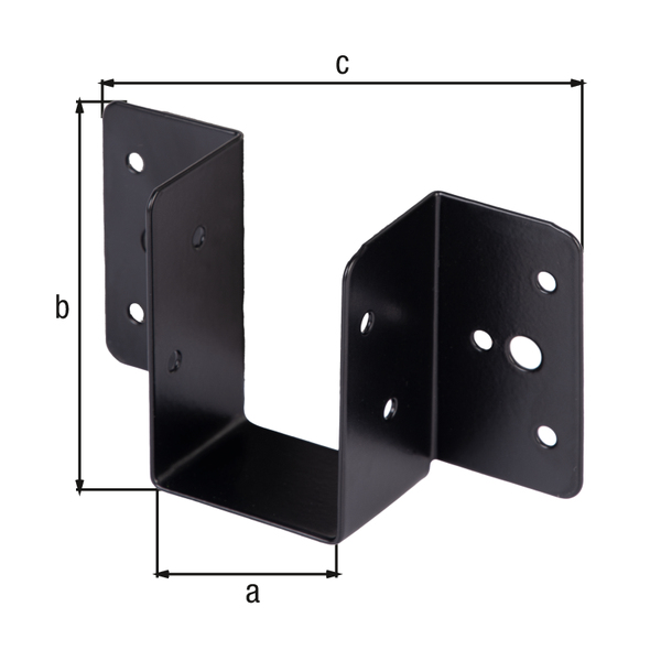 Staffa per travi con estremità arrotondate, leggera, Materiale: acciaio grezzo, superficie: zincata, plastificata nera, larghezza netta: 51 mm, altezza: 61 mm, larghezza totale: 120 mm, Spessore del materiale: 1,00 mm, Numero di fori: 2 / 10, Foro: Ø6,5 / Ø4 mm, 15 anni di garanzia contro la formazione di ruggine