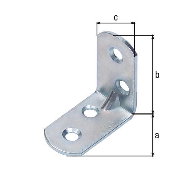 Escuadra de silla reforzada con extremidades redondas, con agujeros para atornillar avellanados, Material: Acero crudo, Superficie: galvanizado, Anchura: 30 mm, Altura: 30 mm, Profundidad: 16 mm, Espesura del material: 2,00 mm, Número de agujeros: 4, Perforación: Ø4,2 mm, CutCase