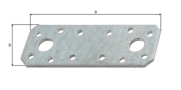 Pletina de ensamblaje, Material: Acero crudo, Superficie: acero galvanizado Sendzimir, con distintivo CE conforme a DIN EN 14545, Contenido por U.P.: 25 Pieza, Longitud: 96 mm, Anchura: 35 mm, Autorización: Europ.Techn.Zul. EN14545:2008, Espesura del material: 2,50 mm, Número de agujeros: 2 / 12, Perforación: Ø11 / Ø5 mm, en paquete grande