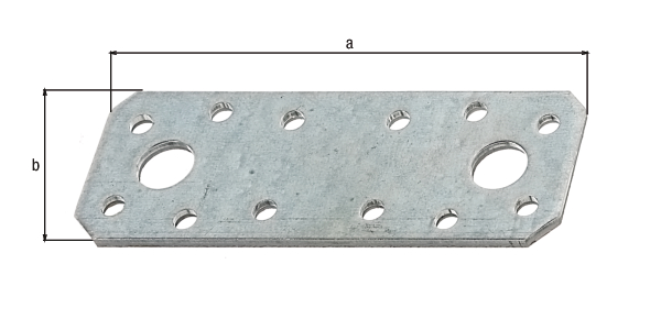 Flachverbinder, Material: Stahl roh, Oberfläche: sendzimirverzinkt, mit CE-Kennzeichnung nach DIN EN 14545, Inhalt pro PE: 25 St., Länge: 96 mm, Breite: 35 mm, Materialstärke: 2,50 mm, Anzahl Löcher: 2 / 12, Loch: Ø11 / Ø5 mm, im Großpack, CutCase