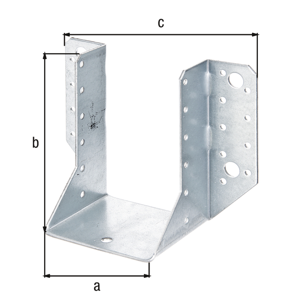 Joist hanger, type A, Material: raw steel, Surface: sendzimir galvanised, with CE marking in accordance with ETA-08/0171, Clear width: 80 mm, Height: 120 mm, Total width: 150 mm, Material thickness: 2.00 mm, No. of holes: 4 / 30, Hole: Ø11 / Ø5 mm, Designed for standard cross-sections made from solid structural timber (SST) and glued laminated timber (glulam), CutCase
