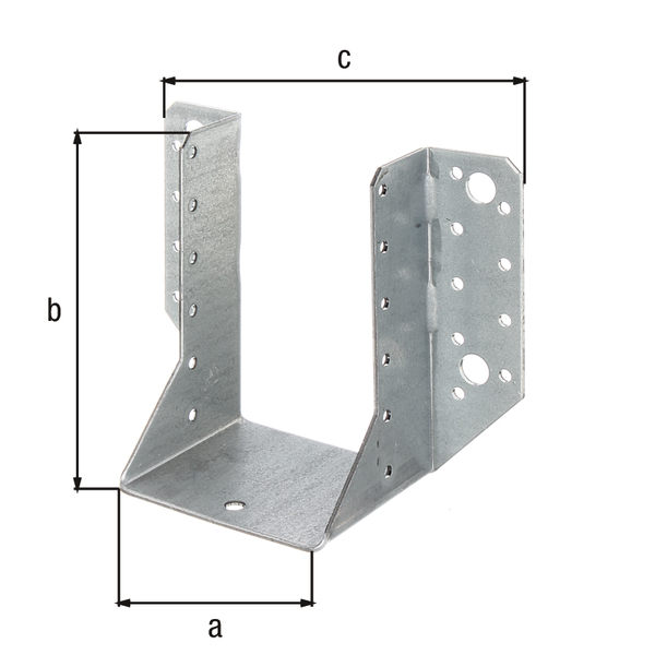 Joist hanger, type A, Material: raw steel, Surface: sendzimir galvanised, with CE marking in accordance with ETA-08/0171, Contents per PU: 6 Piece, Clear width: 80 mm, Height: 120 mm, Total width: 150 mm, Material thickness: 2.00 mm, No. of holes: 4 / 30, Hole: Ø11 / Ø5 mm, Designed for standard cross-sections made from solid structural timber (SST) and glued laminated timber (glulam), in bargain pack