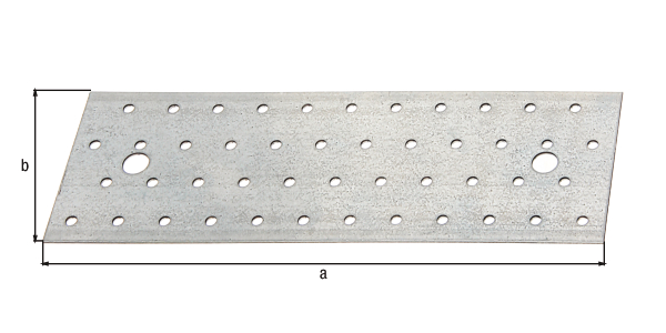 Pletina perforada de ensamblaje, Material: Acero crudo, Superficie: acero galvanizado Sendzimir, con distintivo CE conforme a DIN EN 14545, Longitud: 240 mm, Anchura: 80 mm, Autorización: Europ.Techn.Zul. EN14545:2008, Espesura del material: 2,00 mm, Número de agujeros: 2 / 46, Perforación: Ø11 / Ø5 mm, CutCase