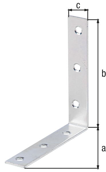 Corner brace, with countersunk screw holes on both sides, Material: raw steel, Surface: sendzimir galvanised, Depth: 100 mm, Height: 100 mm, Width: 19 mm, Material thickness: 2.00 mm, No. of holes: 6, Hole: Ø5.3 mm, CutCase