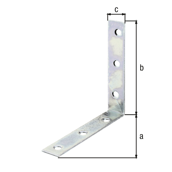 Corner brace, with countersunk screw holes on both sides, Material: raw steel, Surface: sendzimir galvanised, Contents per PU: 20 Piece, Depth: 100 mm, Height: 100 mm, Width: 19 mm, Material thickness: 2.00 mm, No. of holes: 6, Hole: Ø5.3 mm, in bargain pack