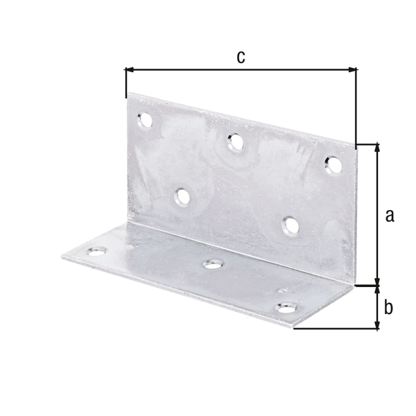 Wide angle bracket, unequal sided, with countersunk screw holes, Material: raw steel, Surface: sendzimir galvanised, Depth: 60 mm, Height: 40 mm, Width: 115 mm, Material thickness: 2.00 mm, No. of holes: 8, Hole: Ø6.8 mm, CutCase