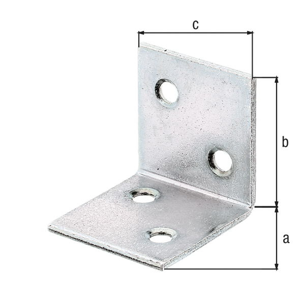 Escuadra de ensamblaje ancha lados iguales, con agujeros para atornillar avellanados, Material: Acero crudo, Superficie: acero galvanizado Sendzimir, Profundidad: 30 mm, Altura: 30 mm, Anchura: 30 mm, Espesura del material: 2,00 mm, Número de agujeros: 4, Perforación: Ø5 mm, CutCase