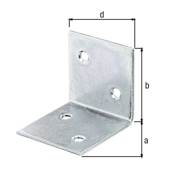 Wide angle bracket, equal sided, with countersunk screw holes, Material: raw steel, Surface: sendzimir galvanised, Depth: 40 mm, Height: 40 mm, Width: 40 mm, Material thickness: 2.00 mm, No. of holes: 4, Hole: Ø5 mm, CutCase