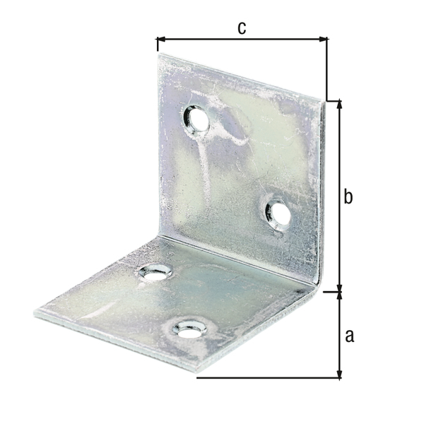 Wide angle bracket, equal sided, with countersunk screw holes, Material: raw steel, Surface: sendzimir galvanised, Contents per PU: 25 Piece, Depth: 40 mm, Height: 40 mm, Width: 40 mm, Material thickness: 2.00 mm, No. of holes: 4, Hole: Ø5 mm, in bargain pack