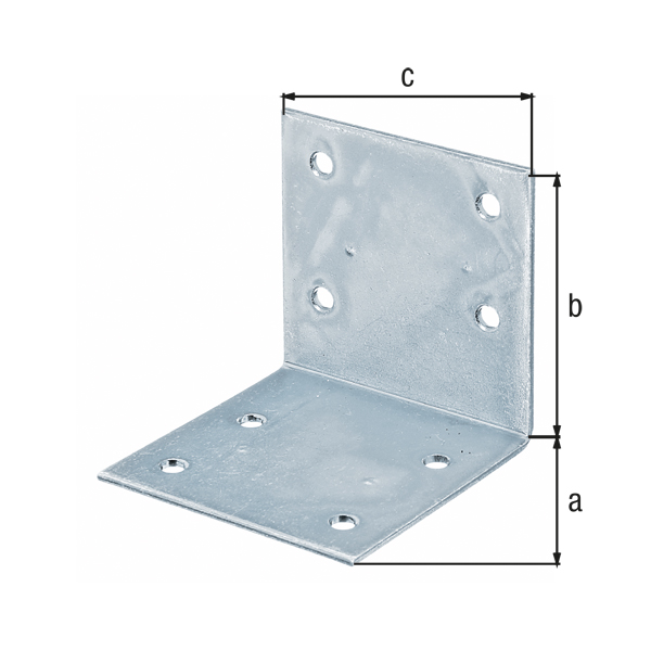 Wide angle bracket, equal sided, with countersunk screw holes, Material: raw steel, Surface: sendzimir galvanised, Depth: 60 mm, Height: 60 mm, Width: 60 mm, Material thickness: 2.00 mm, No. of holes: 8, Hole: Ø5 mm, CutCase