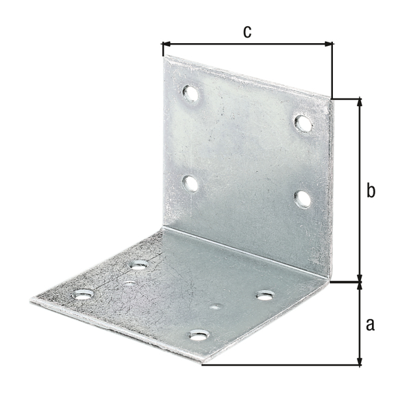 Wide angle bracket, equal sided, with countersunk screw holes, Material: raw steel, Surface: sendzimir galvanised, Contents per PU: 25 Piece, Depth: 60 mm, Height: 60 mm, Width: 60 mm, Material thickness: 2.00 mm, No. of holes: 8, Hole: Ø5 mm, in bargain pack