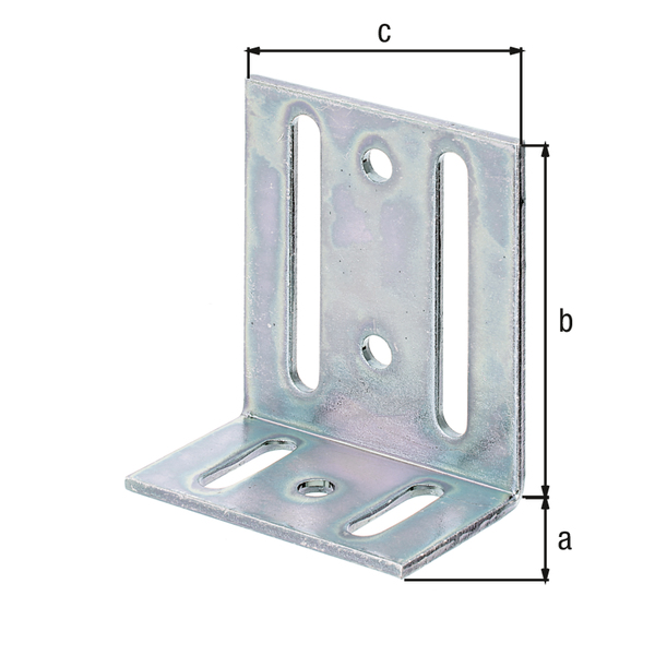 Adjustable angle connector, Material: raw steel, Surface: galvanised, thick-film passivated, Depth: 40 mm, Height: 77 mm, Width: 65 mm, Material thickness: 3.00 mm, No. of holes: 3 / 2 / 2, Hole: Ø7 / 7 x 60 / 7 x 25 mm, CutCase