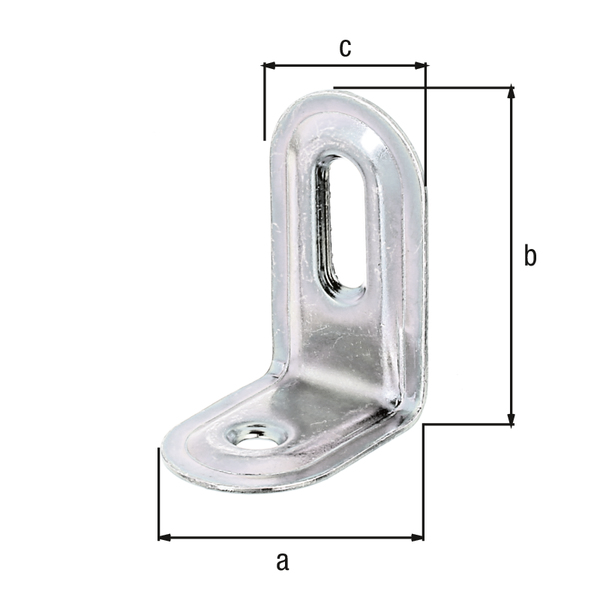 Équerre réglable emboutie, avec trous de vis fraisés, Matériau: Acier brut, Finition: galvanisée passivée, Profondeur: 28 mm, Hauteur: 40 mm, Largeur: 22 mm, Épaisseur: 1,00 mm, Nombre de trous: 1 / 1, Trou: 4,5 x 16 / Ø4,5 mm, CutCase