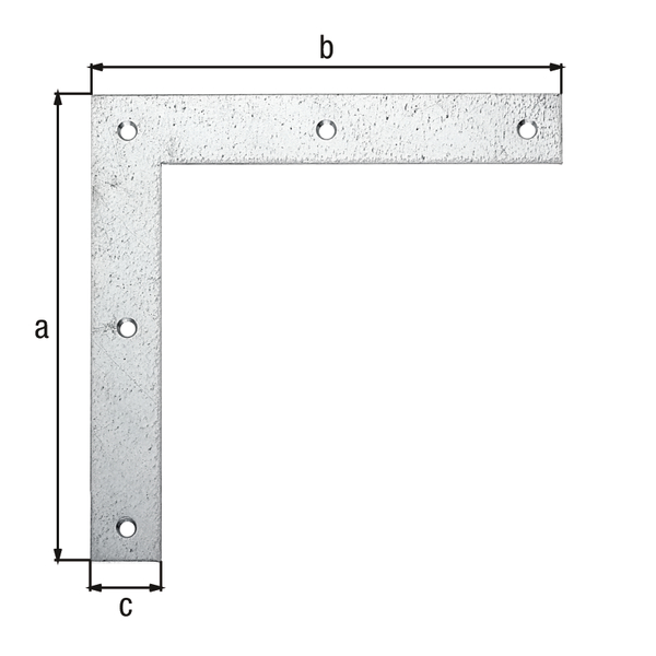 Flat angle bracket, with countersunk screw holes, Material: raw steel, Surface: sendzimir galvanised, Height: 200 mm, Length: 200 mm, Width: 30 mm, Material thickness: 3.00 mm, No. of holes: 5, Hole: Ø6.5 mm
