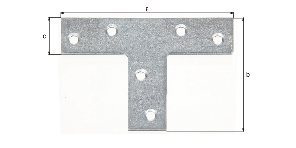 Flat connector T shaped, with countersunk screw holes, Material: raw steel, Surface: sendzimir galvanised, Length: 70 mm, Height: 50 mm, Width: 16 mm, Material thickness: 2.00 mm, No. of holes: 6, Hole: Ø3.8 mm, CutCase