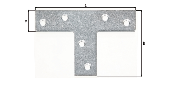 Flachverbinder, T-Form, mit versenkten Schraublöchern, Material: Stahl roh, Oberfläche: sendzimirverzinkt, Länge: 70 mm, Höhe: 50 mm, Breite: 16 mm, Materialstärke: 2,00 mm, Anzahl Löcher: 6, Loch: Ø3,8 mm, CutCase