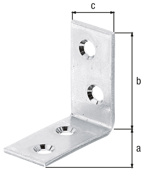 Stuhlwinkel, mit versenkten Schraublöchern, Material: Stahl roh, Oberfläche: sendzimirverzinkt, Tiefe: 40 mm, Höhe: 40 mm, Breite: 20 mm, Materialstärke: 2,50 mm, Anzahl Löcher: 4, Loch: Ø5,5 mm, CutCase