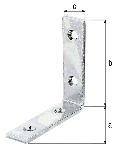 Escuadra para viga lados iguales, con agujeros para atornillar avellanados, Material: Acero crudo, Superficie: galvanizados, pasivado con capa gruesa, Profundidad: 80 mm, Altura: 80 mm, Anchura: 20 mm, Espesura del material: 5,00 mm, Número de agujeros: 4, Perforación: Ø8 mm