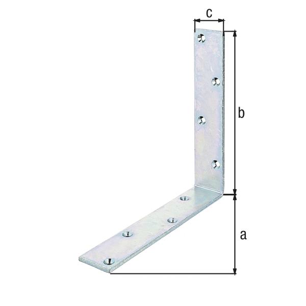 Joist hanger angle bracket, wide, equal sided, with countersunk screw holes, Material: raw steel, Surface: galvanised, thick-film passivated, Depth: 200 mm, Height: 200 mm, Width: 40 mm, Material thickness: 5.00 mm, No. of holes: 8, Hole: Ø6 mm